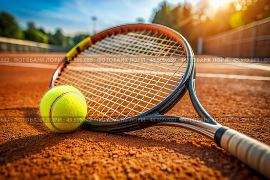 There is a yellow tennis ball and a tennis racket on the dirt court. A summer sport. Great tennis. Стоковое AI-изображение, AI-художник Photojuli / Фотобанк Лори