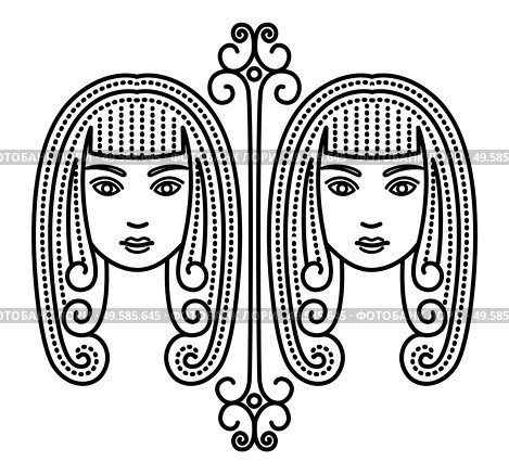 Third astrological sign, gemini associated with constellation. Zodiac represented by twins. Contour drawing of two beautiful women on white background. Vector illustration of asterism in flat style. Zodiac Gemini Astrological Sign, Twins, Two Women. Стоковая иллюстрация, агентство Ingram Publishing / Фотобанк Лори