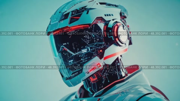This captivating display features a detailed robot design with glowing circuits and a sleek helmet, set against a vibrant backdrop. The innovative use of color enhances the futuristic aesthetic. Стоковое AI-видео, аниматор Данила Большаков / Фотобанк Лори