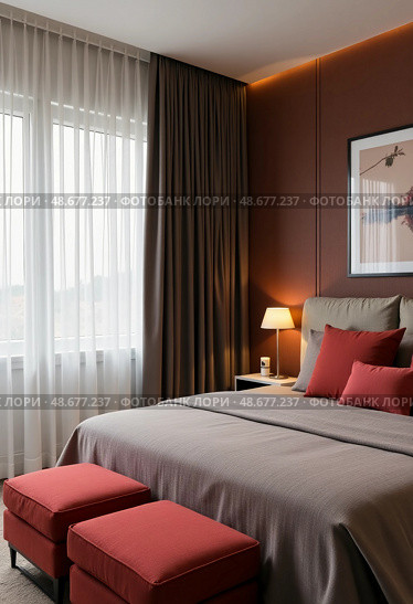 This inviting bedroom showcases a sleek design with warm brown walls and contrasting accent pillows. Soft lighting creates a calm atmosphere, perfect for relaxation and restful nights Generative AI. Стоковое AI-изображение, AI-художник Юлия Петровская / Фотобанк Лори