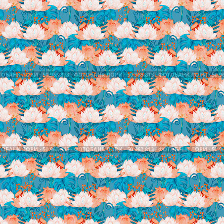 This is a vibrant floral pattern that features beautiful aqua and coral accents throughout. Стоковая иллюстрация, иллюстратор Елена Захаревич / Фотобанк Лори