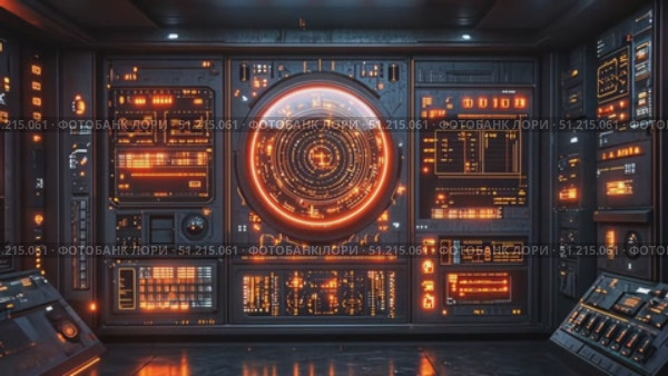 This space features a high-tech control room filled with glowing displays and detailed panels, creating an immersive futuristic atmosphere. Стоковое AI-видео, аниматор Данила Большаков / Фотобанк Лори