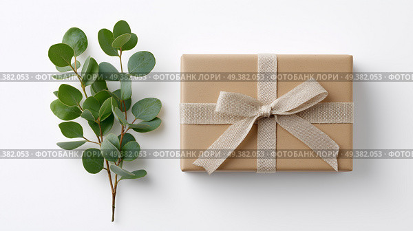 Thoughtfully wrapped gift box with natural greenery for special occasions. Заботливо упакованная подарочная коробка с натуральной зеленью для особых случаев. Стоковое AI-изображение, AI-художник Katsiaryna Repich / Фотобанк Лори