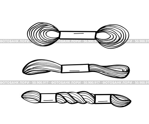 Thread floss doodle icon set. Vector illustration of cross stitch threads. Isolate on white. Стоковая иллюстрация, иллюстратор Глущенко Елена / Фотобанк Лори