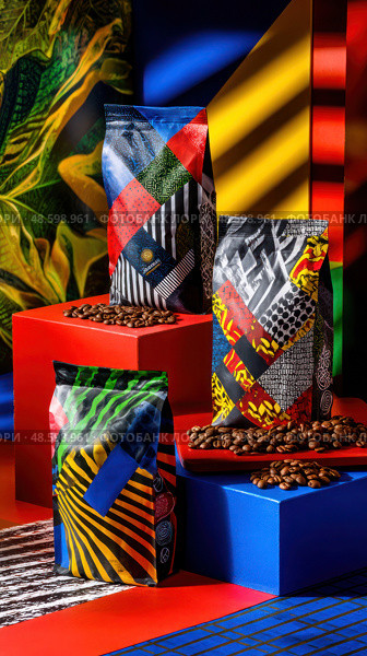 Three bags of coffee beans with colorful designs on them. Стоковое AI-изображение, AI-художник Ярославский Максим / Фотобанк Лори