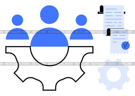 Three blue person icons above a large cogwheel and one document paper icon with blue tick. Ideal for business teamwork, collaboration efficiency, workflow optimization, project management. Business Team Collaboration and Workflow Optimization Vector Design. Стоковая иллюстрация, агентство Ingram Publishing / Фотобанк Лори