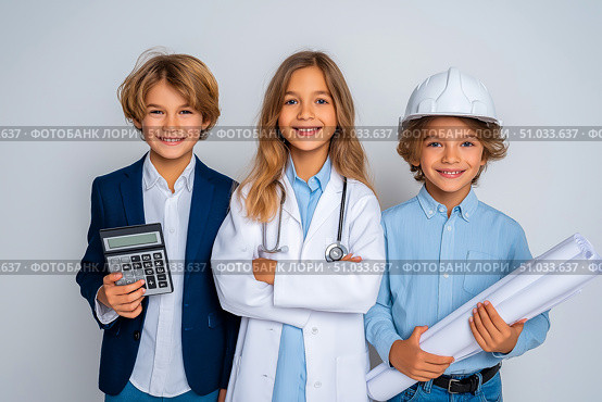 Three children dressed as professionals, one with a calculator, another in a hard hat and goggles, and the last holding blueprints, showcasing future career aspirations and teamwork. Стоковое AI-изображение, AI-художник Ирина Ручушкина / Фотобанк Лори