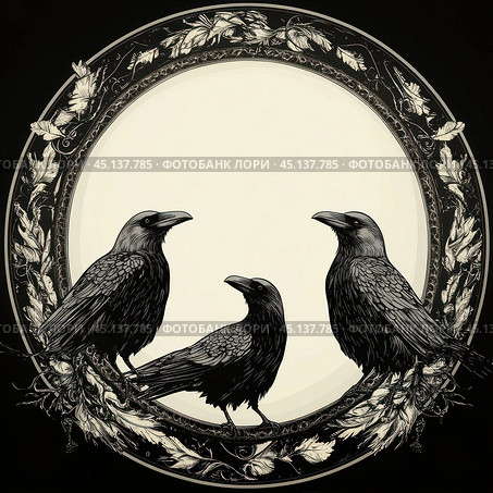 Three crows standing on branches arranged in a decorative frame. In the center is an empty space of a light shade, surrounded by a complex ornament of leaves and branches. The image is made in a monochrome palette, which gives it a gothic and mysterious atmosphere. This illustration can be used to design book covers, posters or as an element of decor in a retro style. Стоковое AI-изображение, AI-художник Анна Кривицкая / Фотобанк Лори