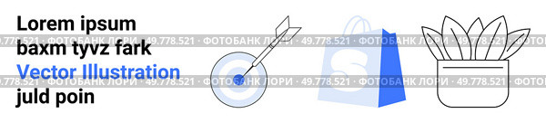 Three elements include a bullseye target, shopping bag, and potted plant accented in blue. Ideal for themes of business, success, productivity, growth, and shopping. Landing page. Business Success and Productivity Highlighted with Targets Shopping and Growth. Стоковая иллюстрация, агентство Ingram Publishing / Фотобанк Лори