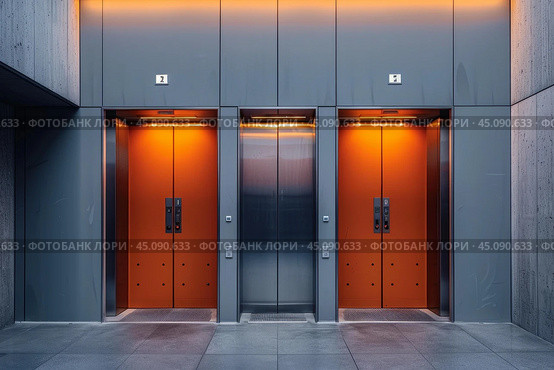 Three elevators with orange doors are waiting in modern building lobby. Стоковое AI-изображение, AI-художник Иван Рябоконь / Фотобанк Лори