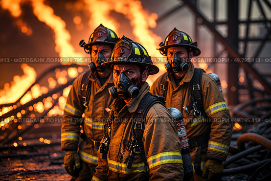 Three firefighters are extinguishing a fire in the building. Стоковое AI-изображение, AI-художник Александр Поташев / Фотобанк Лори