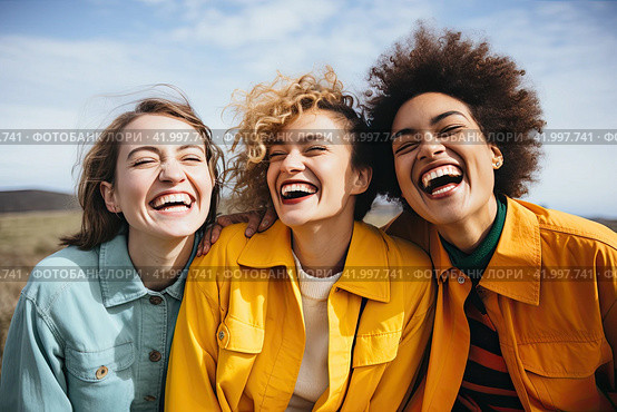 Three friends of different races are laughing merrily and looking at the camera. The concept of female friendship. Стоковое AI-изображение, AI-художник Ярославский Максим / Фотобанк Лори