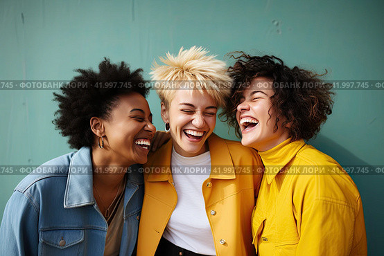 Three friends of different races are laughing merrily and looking at the camera. The concept of female friendship. Стоковое AI-изображение, AI-художник Ярославский Максим / Фотобанк Лори