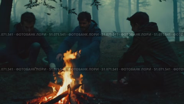 Three friends sit around a campfire in a foggy forest at night. Стоковое AI-видео, аниматор Данила Большаков / Фотобанк Лори