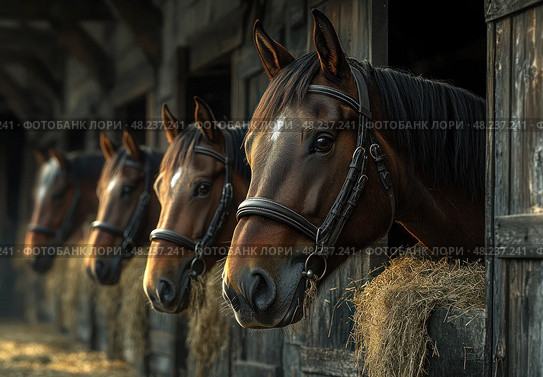 Three horses are standing in a barn with hay. Стоковое AI-изображение, AI-художник Ярославский Максим / Фотобанк Лори