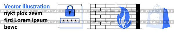 Three icons show a blue lock with a password field, a firewall with a flame, and a shopping bag with a white logo. Ideal for online security, data protection, cybersecurity, e-commerce, firewalls. Secure Online Shopping and Data Protection with Firewalls and Passwords. Стоковая иллюстрация, агентство Ingram Publishing / Фотобанк Лори