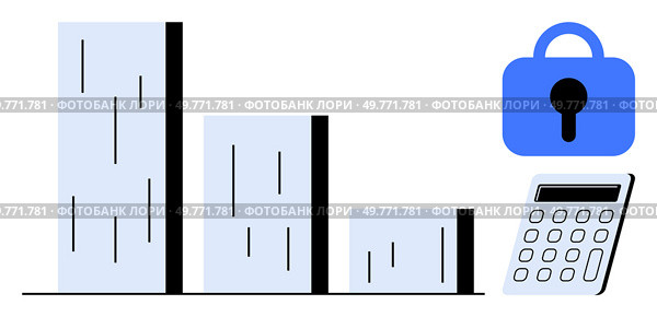 Three light blue bar graphs of different heights are alongside a blue lock and calculator. Ideal for financial analysis, data protection, cybersecurity, accounting, and statistics. Simple, modern. Bar Graph with Lock and Calculator Symbolizing Data Security and Financial Analysis. Стоковая иллюстрация, агентство Ingram Publishing / Фотобанк Лори