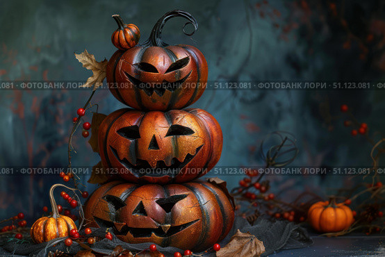 Three scary halloween pumpkins forming a tower on moody background. Стоковое AI-изображение, AI-художник Иван Рябоконь / Фотобанк Лори