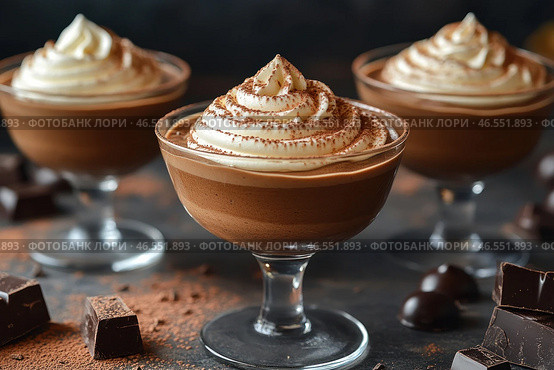 Three servings of chocolate mousse in elegant glass goblets. The dessert is topped with a thick cap of whipped cream, generously sprinkled with cocoa powder. In the foreground, you can see pieces of dark chocolate and scattered cocoa powder, which adds depth to the composition and emphasizes the chocolate theme. The background is darkened, creating a cozy and atmospheric setting, focusing attention on the texture and richness of the dessert. Overall, the image conveys a sense of exquisite taste and gastronomic pleasure. Стоковое AI-изображение, AI-художник Анна Кривицкая / Фотобанк Лори