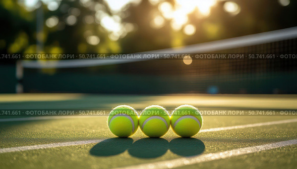 Three tennis balls are sitting on a tennis court. Стоковое AI-изображение, AI-художник Ярославский Максим / Фотобанк Лори