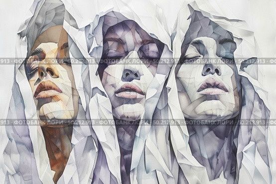 Three women in a painting, each with their faces covered by paper. The women are depicted in a variety of poses, their identities obscured by the paper masks. Стоковое AI-изображение, AI-художник Данила Большаков / Фотобанк Лори