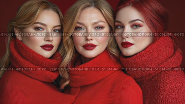 Three women model elegant red sweaters with glamorous makeup and bold lip colors, creating a striking visual display in a studio environment. Стоковое AI-видео, аниматор Данила Большаков / Фотобанк Лори