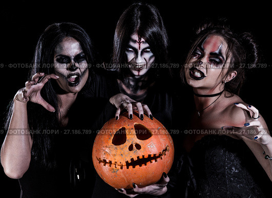 Three women with Halloween makeup. Стоковое фото, фотограф Art Konovalov / Фотобанк Лори