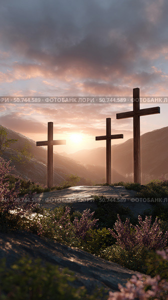 Three Wooden Crosses Stand on a Hillside as the Sun Rises Over the Mountains. Стоковое AI-изображение, AI-художник Юлия Гапеенко / Фотобанк Лори