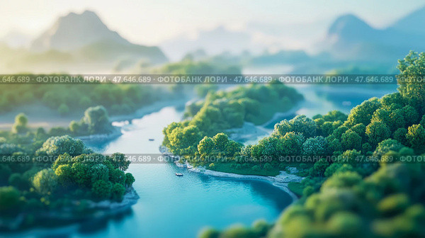 Tilt-shift serenity: A turquoise river meanders through a lush, green landscape under the soft light of a distant mountain range. Стоковое AI-изображение, AI-художник Данила Большаков / Фотобанк Лори