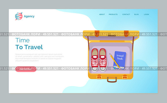 Time to travel vector, yellow open valise, personal belongings of traveler. Shoes and book of tourist, valise with stuff, shoes and book with pen. Website or webpage template, landing page flat style. Time to Travel, Packed Baggage, Bag with Shoes. Стоковая иллюстрация, агентство Ingram Publishing / Фотобанк Лори