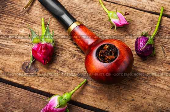 Tobacco pipe and smoking tobacco with rose flavor.Refined taste of tobacco. Smoking rose-flavored tobacco. Стоковое фото, агентство Ingram Publishing / Фотобанк Лори