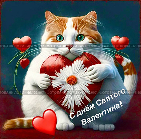 Толстый кот с сердечками и ромашкой. День Святого Валентина. День всех влюблённых. 14 февраля. Валентинки. Стоковое AI-изображение, AI-художник Галина Сячина / Фотобанк Лори