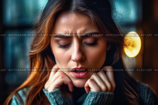 Tonsillitis and angina concept. Sick woman with closed eyes touching her sore throat. Unhealthy female with painful feelings in neck feels discomfort, hard to swallow, irritation or loss of voice. AI. Стоковое AI-изображение, AI-художник Sergey Grishin / Фотобанк Лори