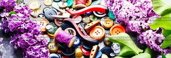 Tools for needlework lilac branch. Set of sewing buttons,threads and scissors.Sewing accessories. Стоковое фото, агентство Ingram Publishing / Фотобанк Лори