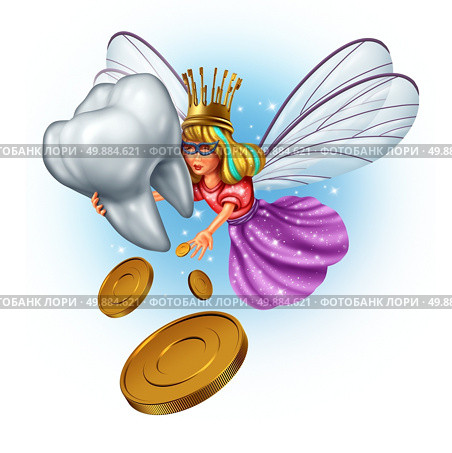 Tooth fairy character as a mythical and magical princess wearing a golden tooth brush crown from a childhood fairytale holding a human molar tooth and giving money coins as a reward. Стоковое фото, агентство Ingram Publishing / Фотобанк Лори