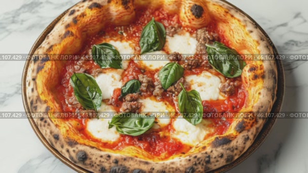 Top view footage of italian pizza with tomato sauce, dry and spicy salsiccia, mozzarella, basil leaves, olive oil, appetizing. Italian cuisine and gastronomic tour concept. Culinary video blog. Стоковое AI-видео, аниматор Ирина Михайличенко / Фотобанк Лори