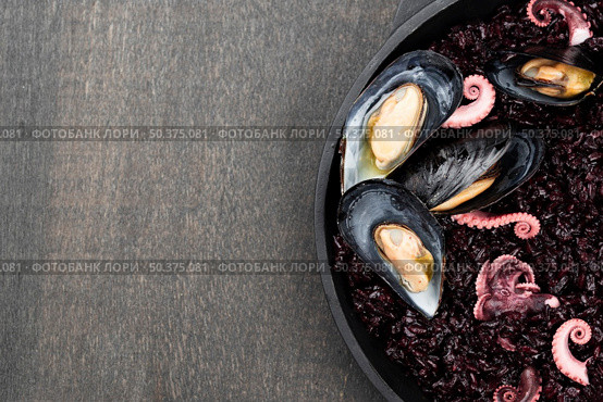 top view mussels with squid copy space. Стоковое фото, агентство Ingram Publishing / Фотобанк Лори