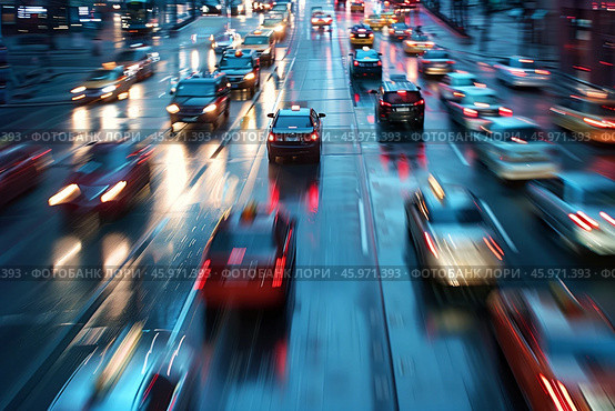 Top view of a busy city traffic at night, featuring moving cars in motion blur. Bright lights, and a vibrant cityscape. Blurred background. Стоковое AI-изображение, AI-художник Михаил Строгалев / Фотобанк Лори
