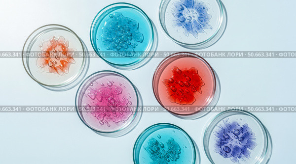 Top view of abstract pattern showing growing microorganisms in lab, creative image any scientific or healthcare related concept. Стоковое AI-изображение, AI-художник Павел Муравьев / Фотобанк Лори