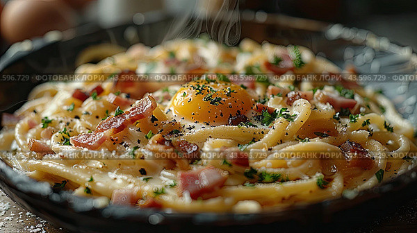 Top View of Classic Italian Carbonara Pasta with Bacon, Cheese, and Egg Yolks, Perfect for High-End Culinary Magazines. with steam, copy space. Italian Cuisine concept. Стоковое AI-изображение, AI-художник Ирина Михайличенко / Фотобанк Лори