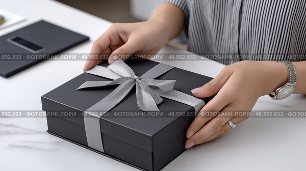 Top view of luxury unboxing scene with hands opening matte black packaging. Вид сверху на  сцену распаковки с руками, открывающими матовую черную упаковку. Стоковое AI-изображение, AI-художник Katsiaryna Repich / Фотобанк Лори