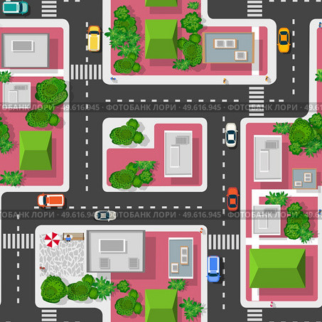 Top view of the city. Urban crossroads with cars and houses, pedestrians. Background town map pattern streets, intersection, roof, and buildings. Cityscape aerial landscape from above. Top view of the city. Urban crossroads with car and houses, pedestrians. Стоковое фото, агентство Ingram Publishing / Фотобанк Лори