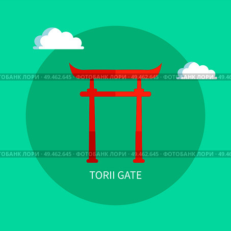 Torii Gate of red wood as old Japanese attraction. Unique Oriental style big arch. Authentic solid construction isolated flat vector illustration in circle. Torii Gate of Red Wood as Old Japanese Attraction. Стоковая иллюстрация, агентство Ingram Publishing / Фотобанк Лори