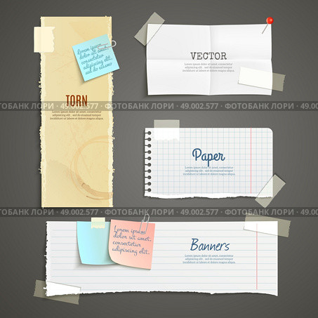Torn Paper Banner Set. Torn paper lined plaid white yellow clear and folded vertical and horizontal banner set isolated vector illustration. Стоковая иллюстрация, агентство Ingram Publishing / Фотобанк Лори