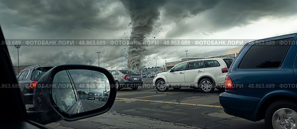 Tornado over city traffic. Cars are stuck in the jam. Grey whirlwind over parking lot. Illustration for insurance companies. Стоковое AI-изображение, AI-художник Катерина Ковалева / Фотобанк Лори