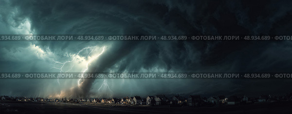 Tornado over community village. Thunderstorm at night time. Illustration of natural phenomenon. AI-generated. Стоковое AI-изображение, AI-художник Катерина Ковалева / Фотобанк Лори