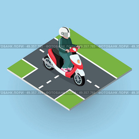 Touring Moped. Motor Bike on the Road. Touring moped. Motor bike on the road. Top view on motorized bicycle. Flat 3d isometric high quality city moped design. Motorcycle or autobike dirtbike . Part of series of city isometric. Vector. Стоковая иллюстрация, агентство Ingram Publishing / Фотобанк Лори