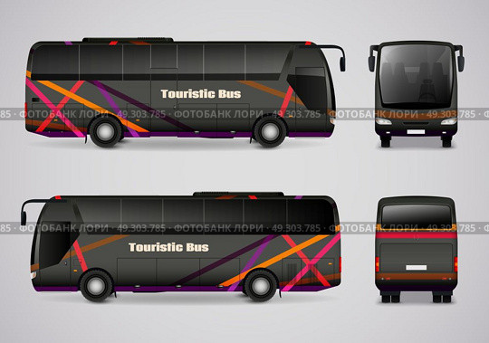 Touristic Bus From All Sides. Set of frontal back right and left side images of touristic bus in realistic style vector illustration. Стоковая иллюстрация, агентство Ingram Publishing / Фотобанк Лори
