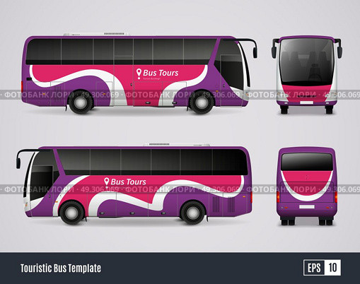 Touristic Bus Template In Realistic Style. Touristic bus template in realistic style with colored views from frontal back right and left sides isolated vector illustration. Стоковая иллюстрация, агентство Ingram Publishing / Фотобанк Лори