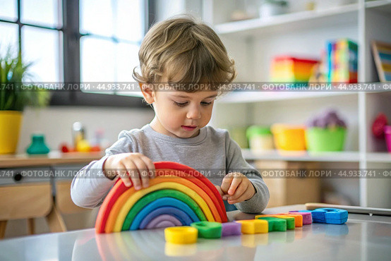 Toys. A little boy is playing educational games. A rainbow-shaped children's toy, colored pyramids and logic toys for children. Montessori games for child development. Стоковое AI-изображение, AI-художник Photojuli / Фотобанк Лори